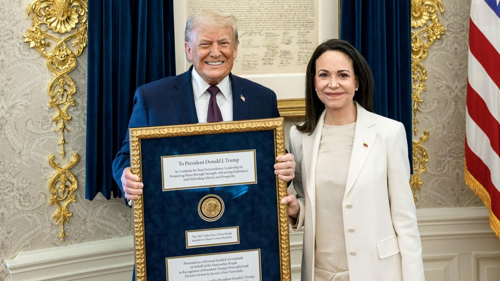 María Corina Machado Presents Her Nobel Peace Prize Medal to Donald Trump at White House